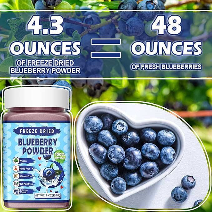 Freeze Dried Blueberry Powder - Kiigfood 6 oz/170g Natural Blueberry Powder Fruit Powder, Organic Blueberry Extract for Smoothie, Drinks, Baking, Cakes Decoration - Vegan, Non-GMO, Gluten-Free