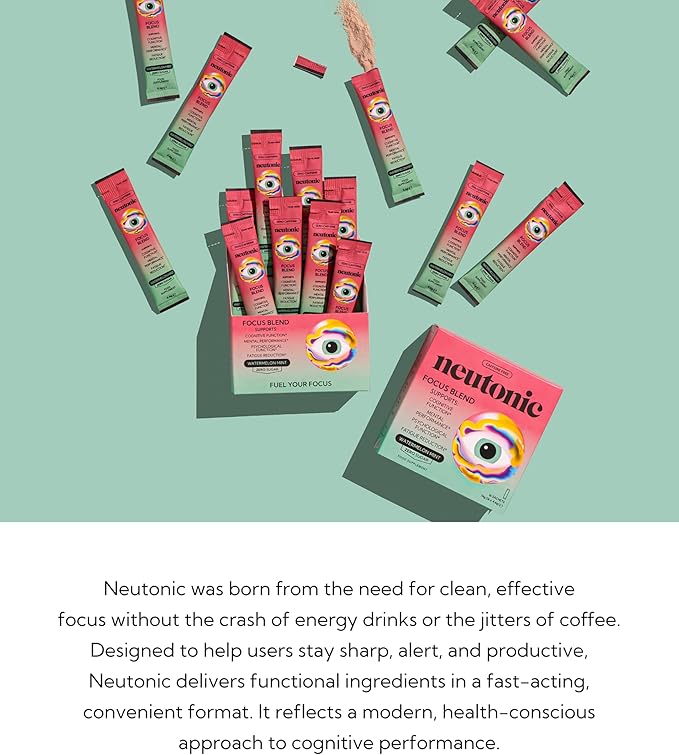 Neutonic Nootropic Focus Blend Powder | Watermelon Mint 16 Sticks | Caffeine Free, Zero Sugar | Support Memory, Mental Clarity, Cognitive Function | Boost Focus, Energy, Brain Health