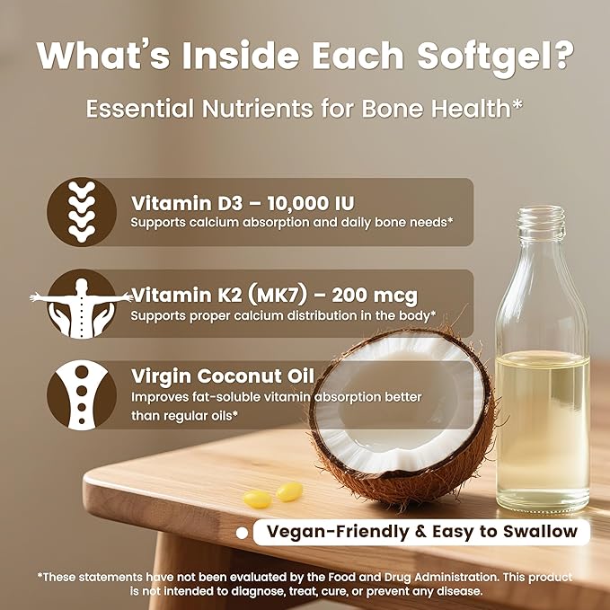 VEV Vitamin D3 K2 10000 IU, 300 Coconut Oil Softgels, Corefeel 2 in 1 Vitamins Supplement D & K (Include MK7), Easy to Swallow, Supports Calcium Absorption, Bone Healthh