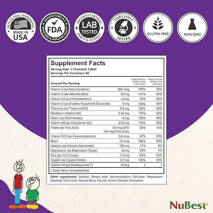 NuBest Tall Kids for Age 2 to 9 - Bone Strength, Brain Growth, Immunity with Calcium, Multivitamins & Minerals - 60 Chewable Berry Tablets | 3 Pack