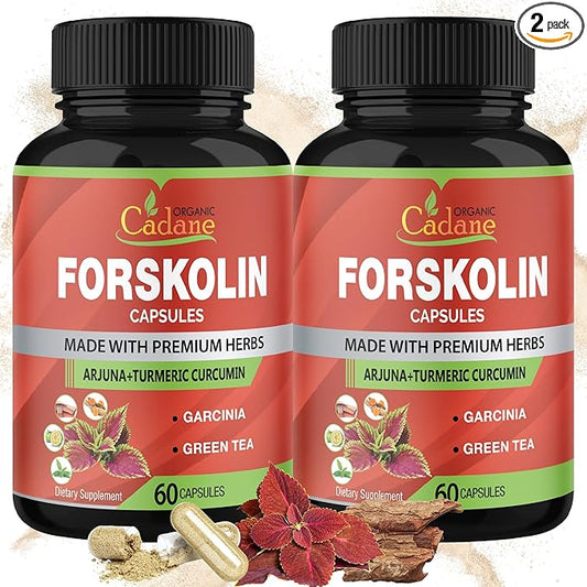 Organic Cadane 2 Packs Forskolin Supplements Capsules & Turmeric, Arjuna, Garcinia Cambogia, Green Tea - Maximum Strength Coleus Forskohlii Extract - Support Energy Production & Immune System