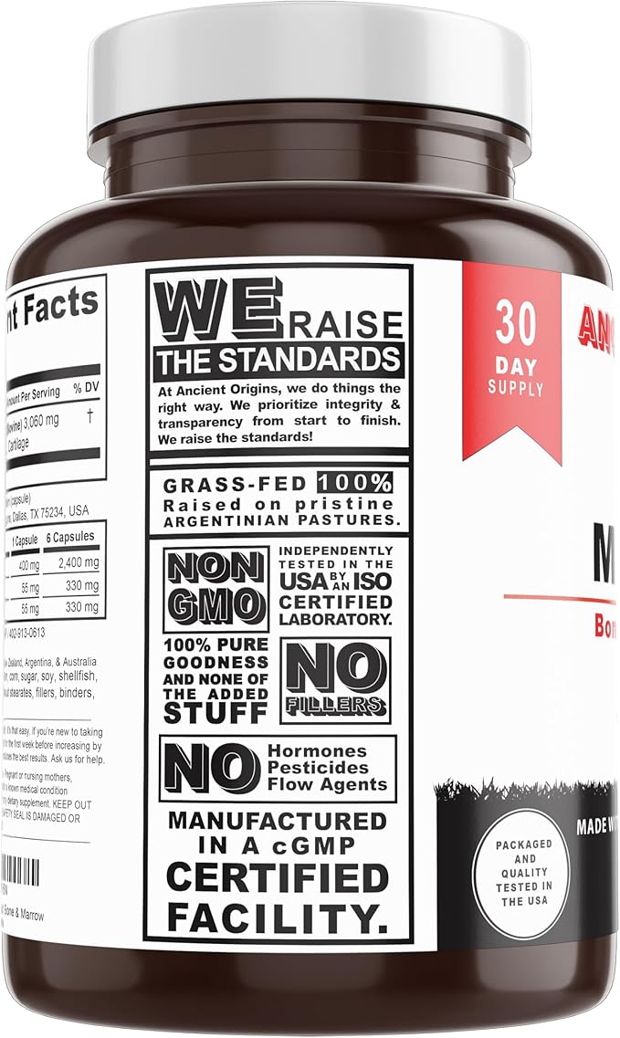 Grass Fed Bone Marrow Supplement, 3060mg, Skin, Oral Health, and Joint Support Supplement, Promotes Whole-Body Wellness, Non GMO Whole Bone Extract, 180 Capsules