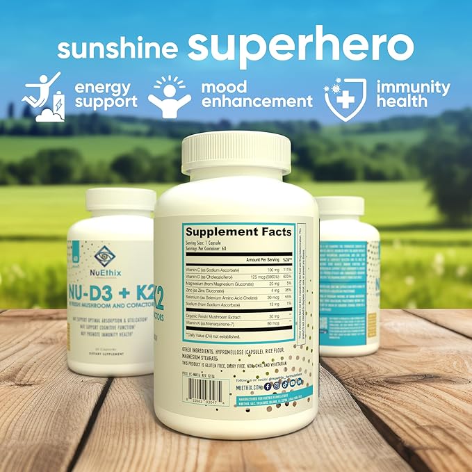 NuEthix Formulations NU-D3 + K2 - Vitamin D3 and K2 5000 iu Supplements - Packed with Reishi Mushroom, Magnesium, & Zinc - 60ct, 60 Servings - Made in USA Products Only