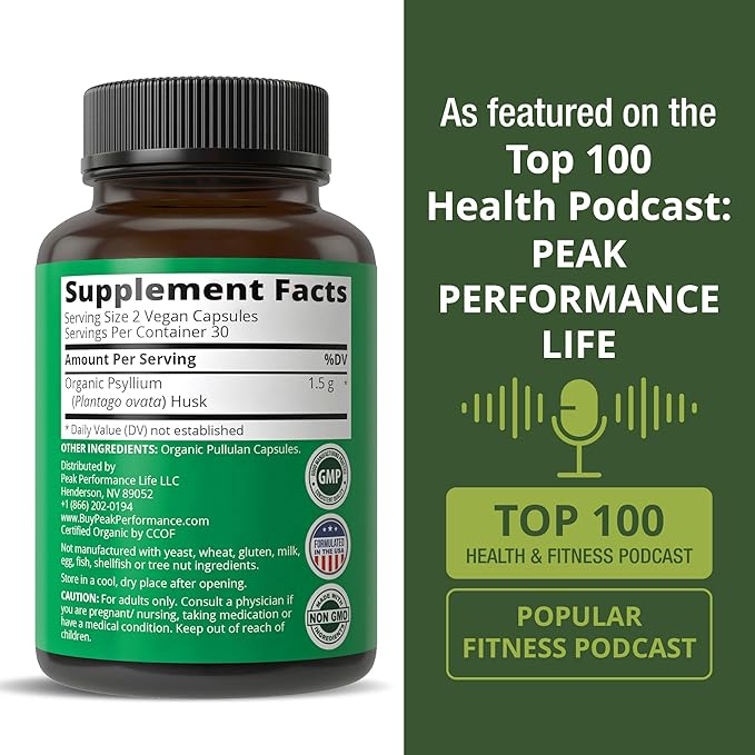 USDA Organic Psyllium Husk Vegan Capsules Made with Organic Psyllium Husk Seed. Fiber Supplement for Gut. Digestive Prebiotics. Pills for Digestion, Roughage Without Bloating. Tablets