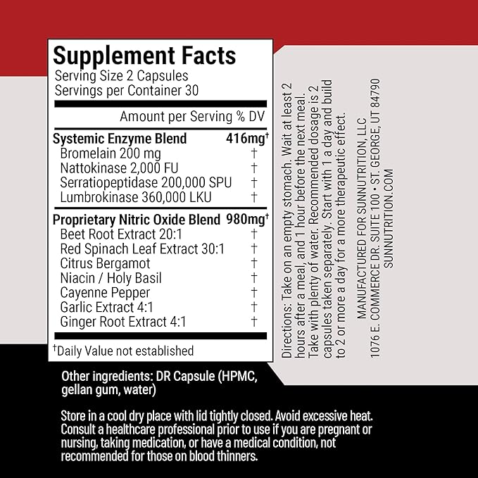 Nattokinase Supplement Nitric Oxide Capsules Beet Root Extract High Potency Lumbrokinase & Bromelain Systemic Enzymes Spike Protein Detox Clean & Flow Vascular Defense 60 Caps 30 Servings