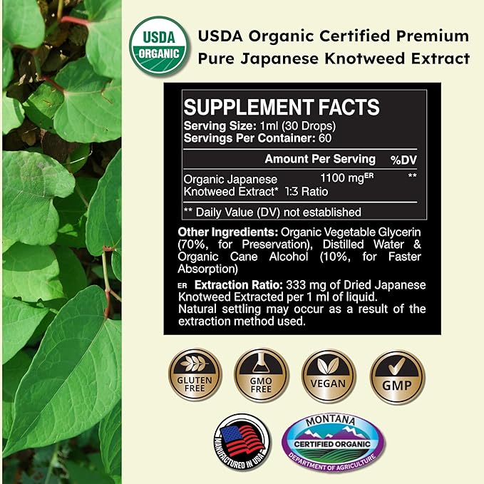 Japanese Knotweed Premium Resveratrol USDA 3rd Party Tested Tincture 60ml/2.32 Oz - 1:3 Clinical Strength Ratio - Tick Wellness Aid and Immune Support Supplement - Made in The USA