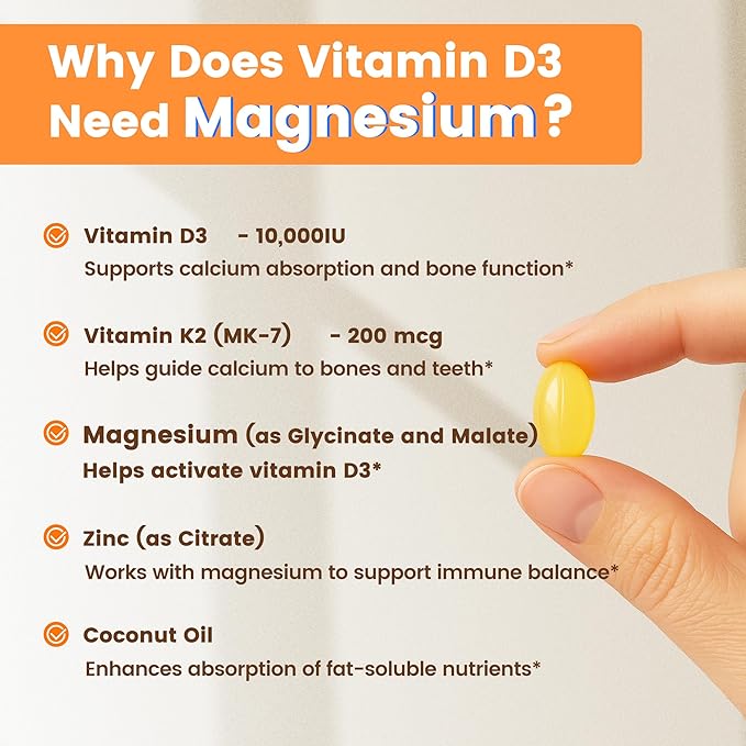 VEV Vitamin D3 K2 10,000 IU Magnesium Supplement – with Vitamin D and K (MK-7), Magnesium Glycinate & Malate, Zinc Citrate – 300 Softgels for Energy, Bone & Muscle Support
