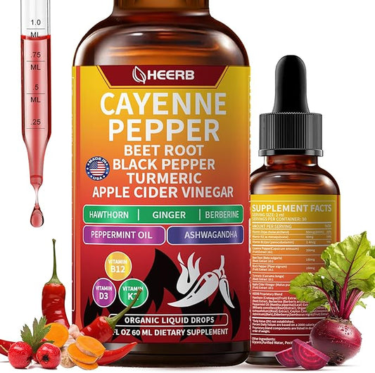 Vascu Flow Cayenne Pepper Drops - Capsaicin Supplements with Beet Root, Black Pepper, Turmeric, Vitamin D3 & K2 | Supports Metabolism, Circulation & Heart Health, Gluten Free, Vegan 2 Fl Oz