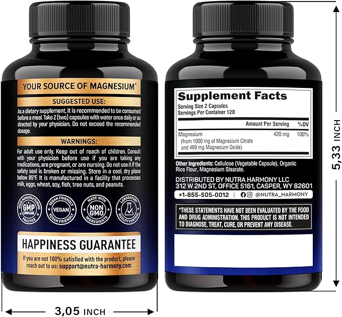 Magnesium Citrate Capsules 1000mg | High Absorption Supplement - Sleep, Muscle & Heart Support - Vegan | Non-GMO - Made in USA - As Powder | Pills | Tablets - 240 Capsules, 4 Month Supply