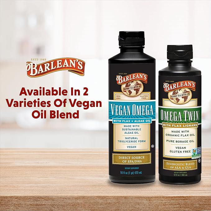 Barlean's Vegan Omega Liquid Flax and Algae Oil Plant Based EPA DHA Supplement from Algal Oil and Organic Flaxseed, Omegas 3 6 and 9 Fatty Acid Supplements, 16 Ounces