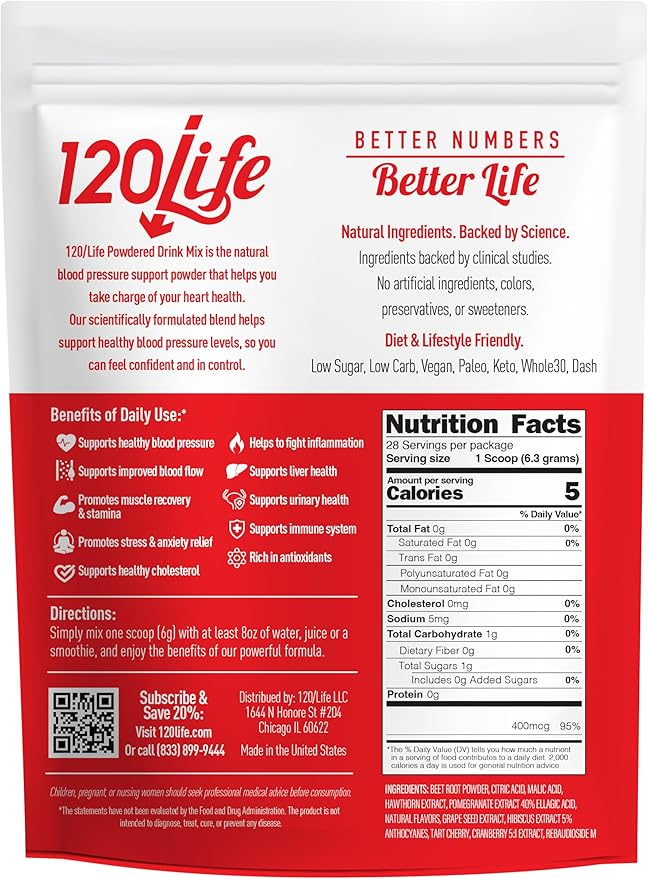 Blood Pressure Support, Natural Beet Root Powder Drink Mix with Pomegranate Powder, Cranberry Supplement, Tart Cherry, Hibiscus, and Magnesium (28 Servings) - Gluten-Free, Vegan