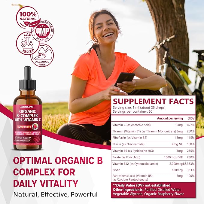 Organic B-Complex Liquid Drops with Vitamin C - B1, B2, B6, B12, B5, Niacin - Energy Support, Brain Wellness - Raspberry Flavor - Made in USA - 2.0 fl oz (60ml)