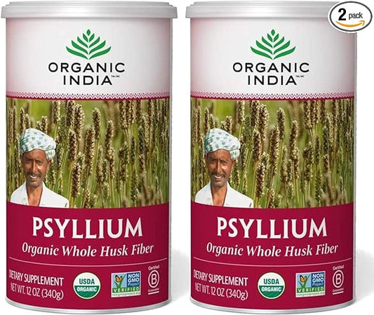 ORGANIC INDIA Whole Psyllium Husk Powder Organic - Psyllium Husk Fiber Supplement, Digestion Support, Vegan, Gluten-Free, Non-GMO, Soluble & Insoluble Fiber Source - 12 oz (Pack of 2)