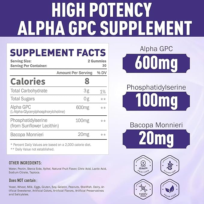 Alpha GPC Choline Gummies 600mg with Phosphatidylserine & Bacopa – 3-in-1 Brain Support for Memory, Focus & Long-Term Cognitive Health – Sugar-Free, Natural Formula, 60 Count