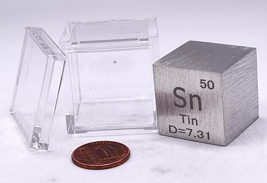 1" 25.4mm Tin Stannum Metal Cube Sn up to 99.9% Pure Periodic Table Element Engraved Density Collection Science Education Display Block Cube + Acrylic Case Box - 1PC