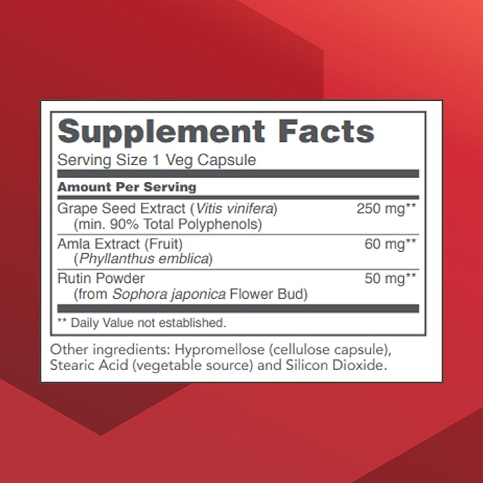 PROTOCOL FOR LIFE BALANCE Grape Seed OPC - 250mg - 90% Polyphenols - with Rutin & Amla Fruit Extract - Grape Seed Capsule - Non-GMO & Kosher - 90 Veg Caps