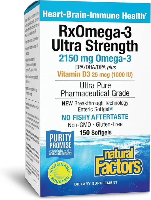 Natural Factors RxOmega-3 Ultra Strength Fish Oil with Vitamin D3, High Potency Formula, 2,150 mg, No Fishy Aftertaste, 150 Softgels