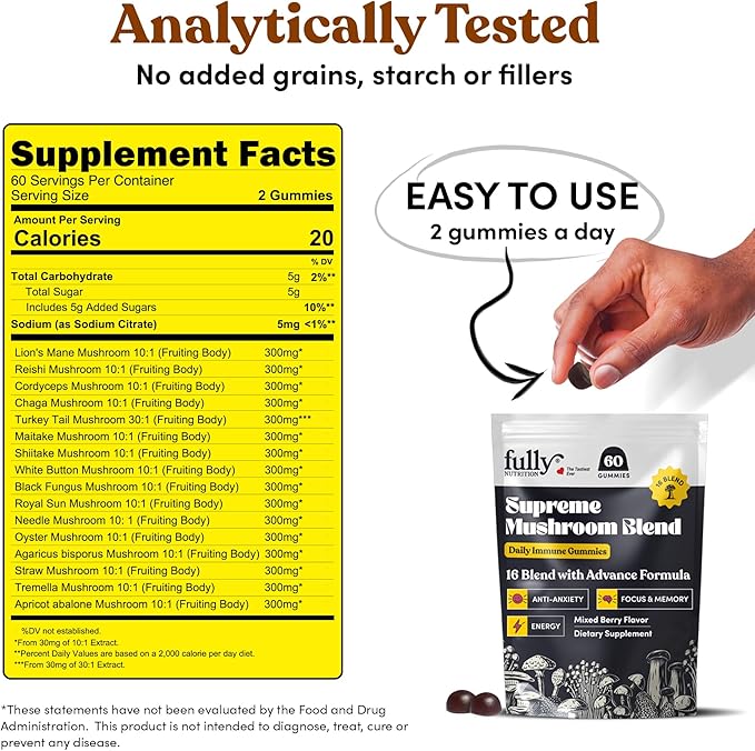 16 in 1 Blend Mushrooms Gummies for Adults - Lion's Mane Mushroom Supplement, Focus Gummies with Lions Mane, Lion's Mane for Adults, Natural Mushroom Supplement for Cognitive Support & Clarity