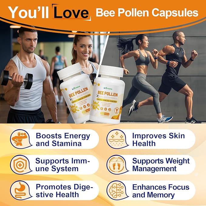 Organic 6-in-1 Bee Pollen Supplement - 2000mg Per Serving - Bee Pollen for Women & Men - Superfood for Immune & Energy Support - Non-GMO, Made in USA - 120 Capsules