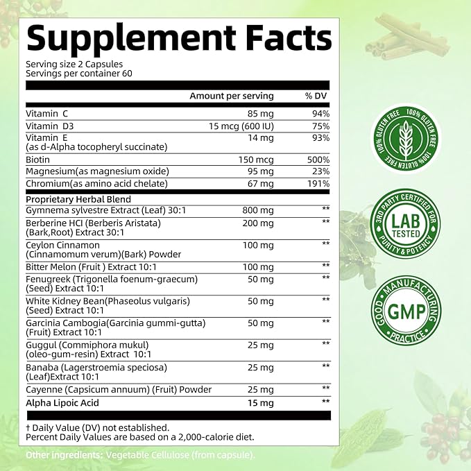 Gymnema Sylvestre Supplement 2 Month Supply | 17-in-1 Herbal Complex with Berberine HCI, Cinnamon, Bitter Melon & Chromium - Supports Glucose Metabolic Balance & Energy Wellness