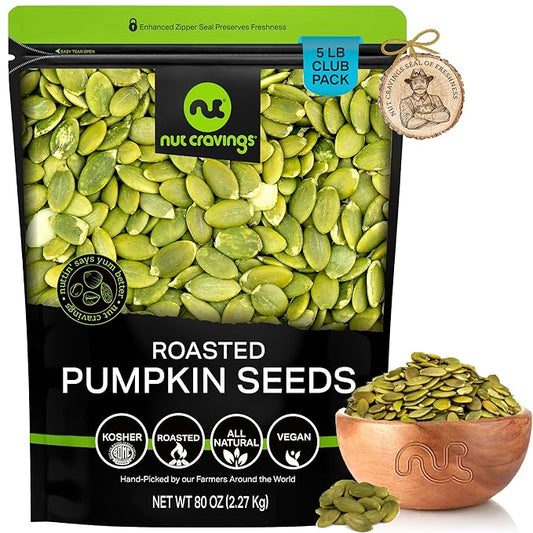 NUT CRAVINGS - Roasted & Unsalted Pumpkin Seeds, Pepitas, No Shell (80oz - 5 LB) Packed Fresh in Resealable Bag - Nut Snack - Food Assortments