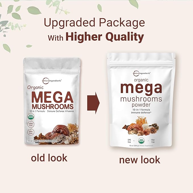 Micro Ingredients Organic Mega Mushroom Powder,10 Ounce (284 Days Supply) | 10 in 1 Complex Formula for Immune System Booster | Chaga, Lions Mane, Cordyceps, Reishi & More | Filler Free, Vegan