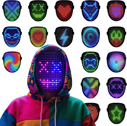 arscniek LED Face Mask with Gesture Control – Rechargeable Light Up Halloween Masks Costume for Adults & Kids, Glowing Transformable Cosplay Mask for Parties, Christmas, Concerts