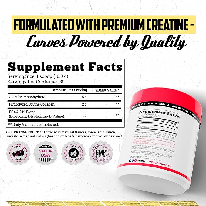 Old School Labs 5000mg Creatine Monohydrate Powder, Optimized Creatine for Women +2000mg Collagen +1g BCAA 2:1:1 Supports Lean Muscles & Recovery, Energy & Stamina - 30 Servings, Pink Lemonade