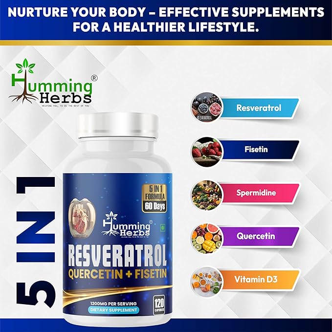 Resveratrol Supplement 1200mg – 5-in-1 Formula with Quercetin, Fisetin, Spermidine & Vitamin D3 – Cardiovascular & Wellness Support – 120 Capsules