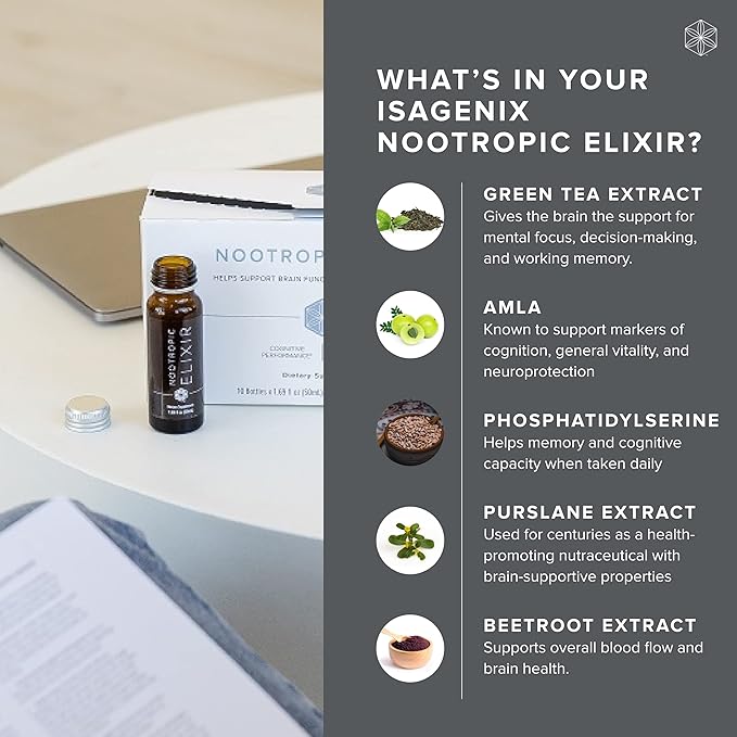 Isagenix Nootropic Elixir- Brain Health & Focus Supplement - Liquid Supplement with Green Tea Extract to Support a Healthy Mindset - 1.69 Oz Bottles (10 Count)