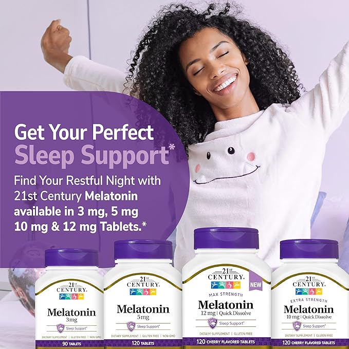 21st Century Melatonin 12 mg Quick Dissolve Max Strength Tablets, (120 Count) Sleep Aid for Adults, Cherry Flavored Sleep Supplement, Gluten-Free, No Artificial Colors or Preservatives