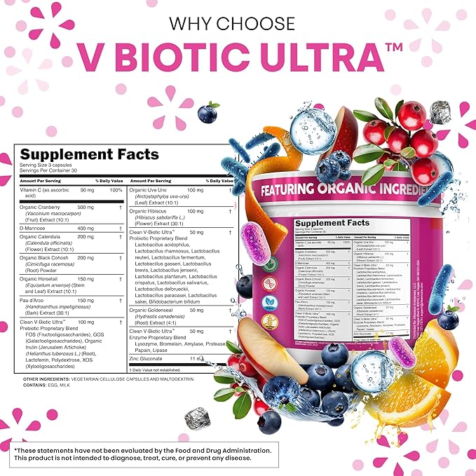 Clean Nutra Vaginal Probiotics for Women + Prebiotics Digestive Enzymes Bromelain Cranberry D Mannose Horsetail Black Cohosh Artichoke Hibiscus Flowers Probiotic for Digestive Health 90 Vegan Capsules