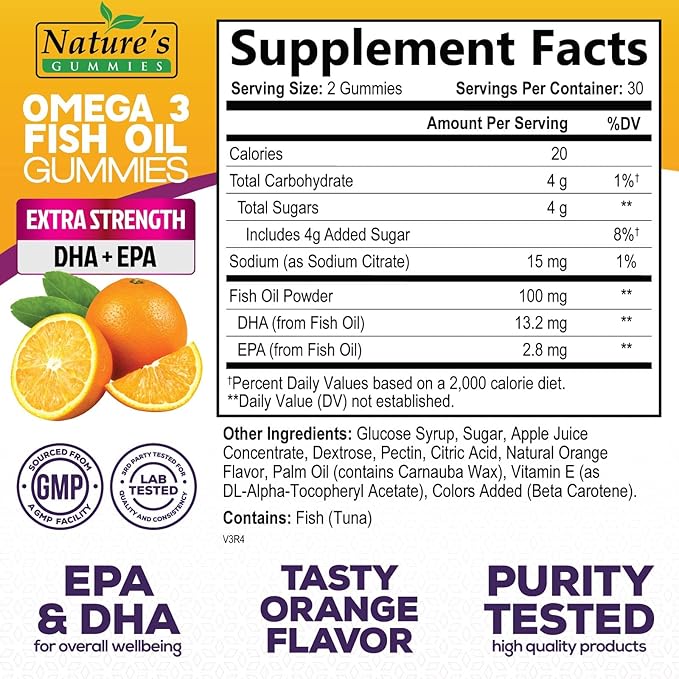 Omega 3 Fish Oil Gummies Triple Strength Vitamin - DHA & EPA with Fatty Acids for Heart Health, Joint, Brain Support Fish Oil Omega-3 Supplement Nature's High Absorption Orange Flavor Gummy, 60 Count