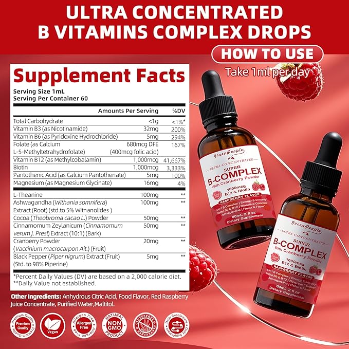 Super B-Complex Liquid Drops | B12 Methylcobalamin + Methyl Folate | B Vitamins Complex w/B3,B5,B6,B7, Ashwagandha & L-Theanine for Energy, Focus & Immunity, Vegan Raspberry 2fl Oz