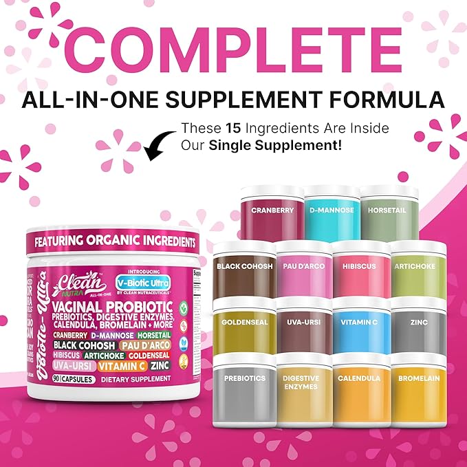 Clean Nutra Vaginal Probiotics for Women + Prebiotics Digestive Enzymes Bromelain Cranberry D Mannose Horsetail Black Cohosh Artichoke Hibiscus Flowers Probiotic for Digestive Health 90 Vegan Capsules