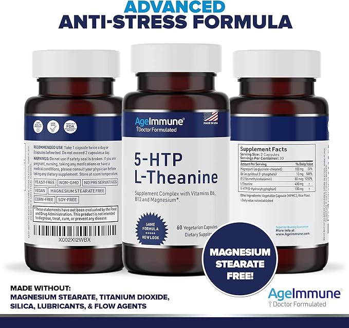 5-HTP Formula for Stress Relief and relaxation support for Teens and Adults with 5-HTP, L-Theanine, Vitamin B6, Vitamin B12, Magnesium - Doctor Formulated - Magnesium Stearate Free - 60 capsules.