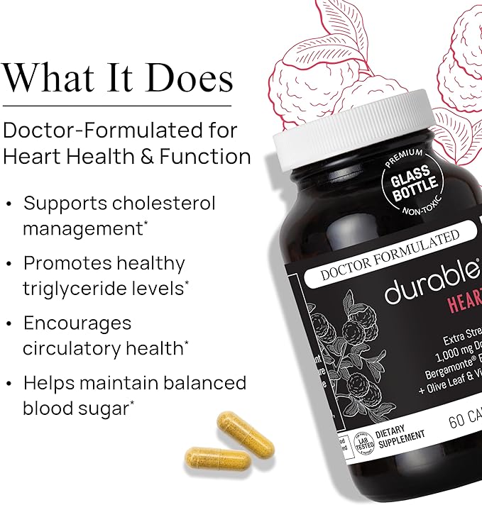 Durable Heart – Bergamonte Citrus Bergamot 1,000 mg + Olive Leaf Extract + Vitamin C - Heart Health Supplement for Healthy Cholesterol - Doctor Formulated, Vegan, Non-GMO, Made in USA (180 Capsules)
