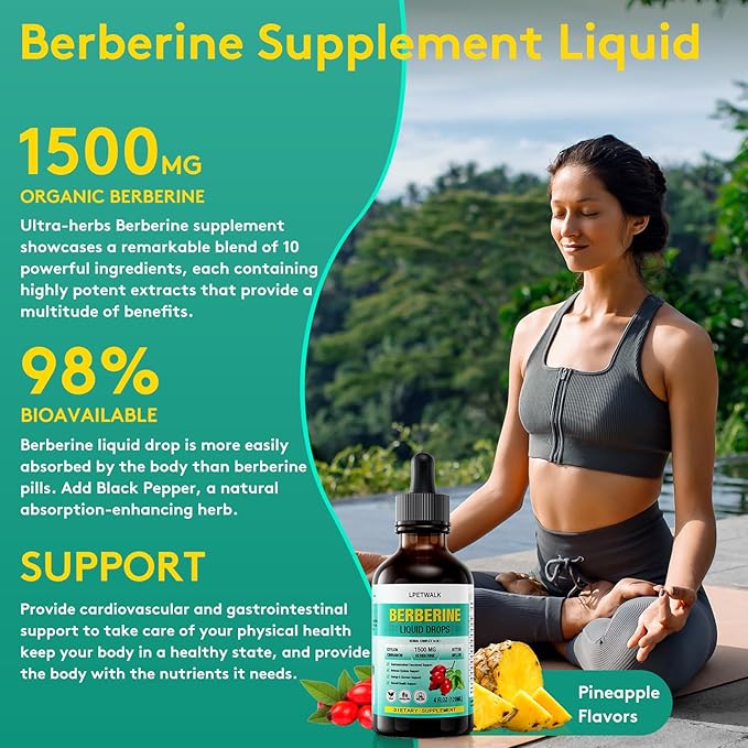 4 FL Oz Organic Berberine Liquid Drops, Premium Berberine Supplement Liquid with Ceylon Cinnamon, Bitter Melon, Sugar-Free & Vegan Supplement, 98% Absorption,120ML