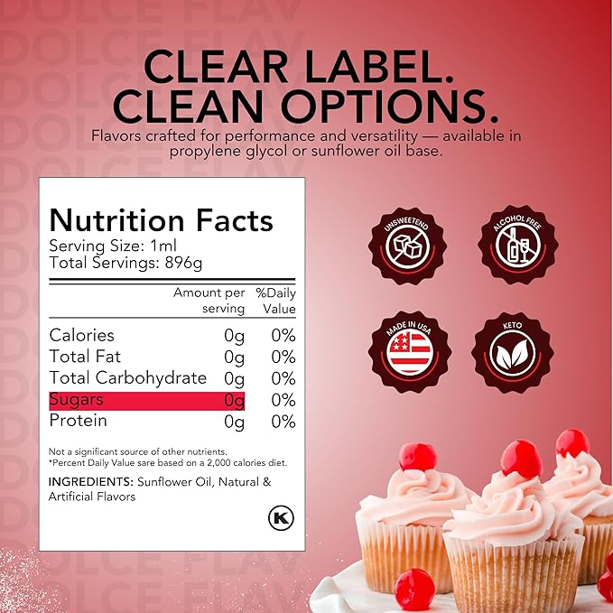Dolce Flav Cherry Flavoring – 32 oz. – Premium Oil-Based Extract for Chocolates, Frostings, Baked Goods & Confections | Classic Sweet Flavor for Bakeries & Candy Shops
