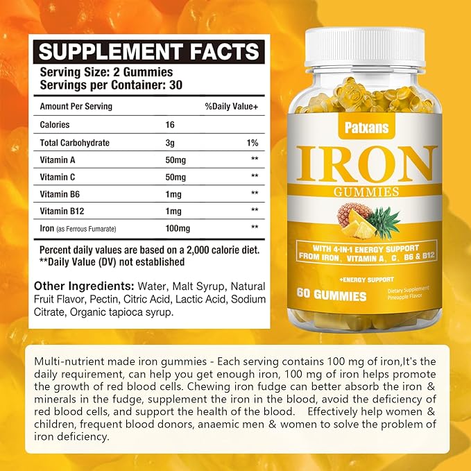 1 Pack 100MG Iron Supplement Gummies for Women & Men - with Vitamin A, C, B - Energy Support for Iron Deficiency, Anemia, Adults ＆ Children, Pineapple Flavor Gummy, 60ct.