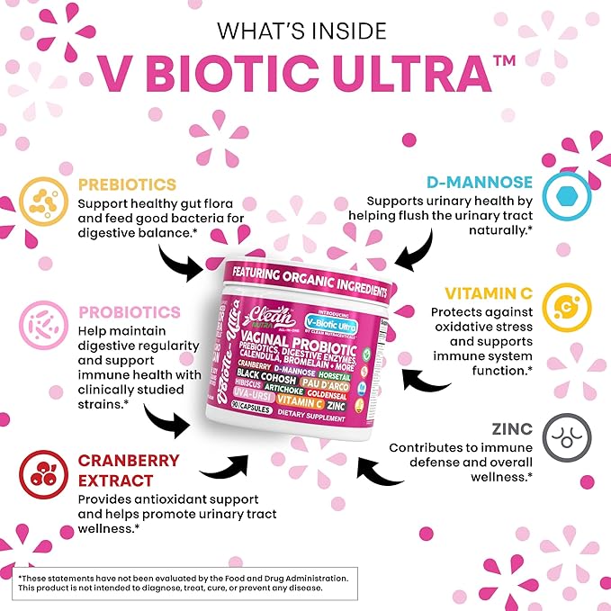 Clean Nutra Vaginal Probiotics for Women + Prebiotics Digestive Enzymes Bromelain Cranberry D Mannose Horsetail Black Cohosh Artichoke Hibiscus Flowers Probiotic for Digestive Health 90 Vegan Capsules