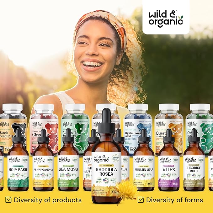 Wild & Organic Rhodiola Rosea Tincture - Mood Support - Relaxing Rhodiola Supplement - Root Extract Liquid Drops - Vegan, Sugar & Alcohol-Free - 2 fl oz