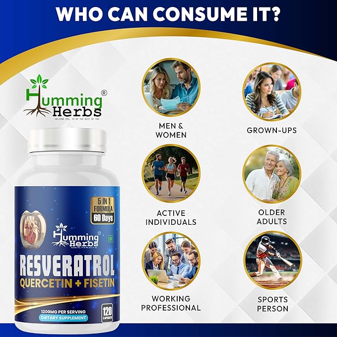 Resveratrol Supplement 1200mg – 5-in-1 Formula with Quercetin, Fisetin, Spermidine & Vitamin D3 – Cardiovascular & Wellness Support – 120 Capsules