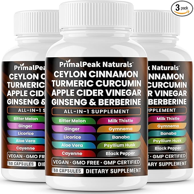 Ceylon Cinnamon Apple Cider Vinegar Turmeric Curcumin Panax Ginseng Berberine with Bitter Melon Banaba Milk Thistle Gymnema Sylvestre Vegan Capsules - 180 Count