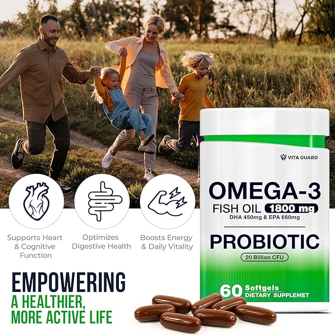 Omega-3 Fish Oil with Probiotics – 1800mg Fish Oil, 660mg EPA, 450mg DHA – Heart, Brain & Gut Support – 20 Billion CFU – Lemon-Flavored Burpless Softgels – Non-GMO, Gluten-Free