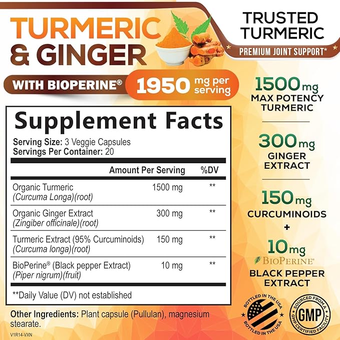 Turmeric Curcumin Supplement 1950mg - 95% Curcuminoids with Organic Turmeric & Ginger, BioPerine Black Pepper for Best Absorption, Nature's Vegan Joint Support, Non-GMO, Bottled in USA - 60 Capsules