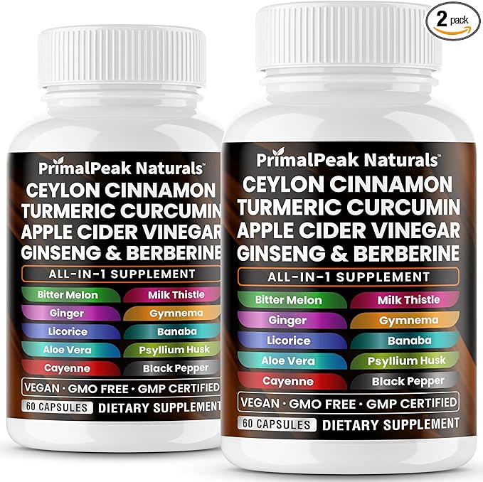 Ceylon Cinnamon Apple Cider Vinegar Turmeric Curcumin Panax Ginseng Berberine with Bitter Melon Banaba Milk Thistle Gymnema Sylvestre Vegan Capsules - 120 Count