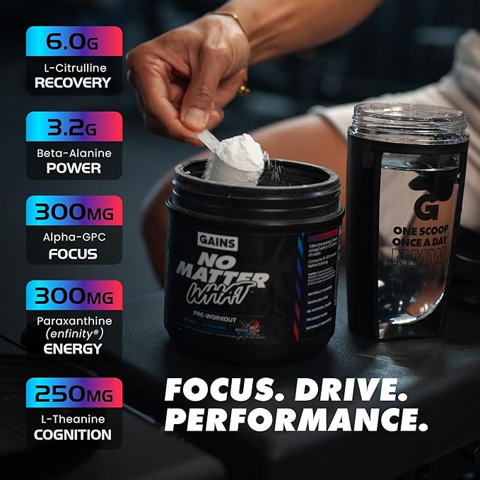 Gains in Bulk No Matter What Pre Workout Powder, with Paraxanthine, Amino Acids & L Theanine, Training Supplement for Athletes & Active Lifestyles, Energy & Focus Support, Rocket Pop, 30 Servings