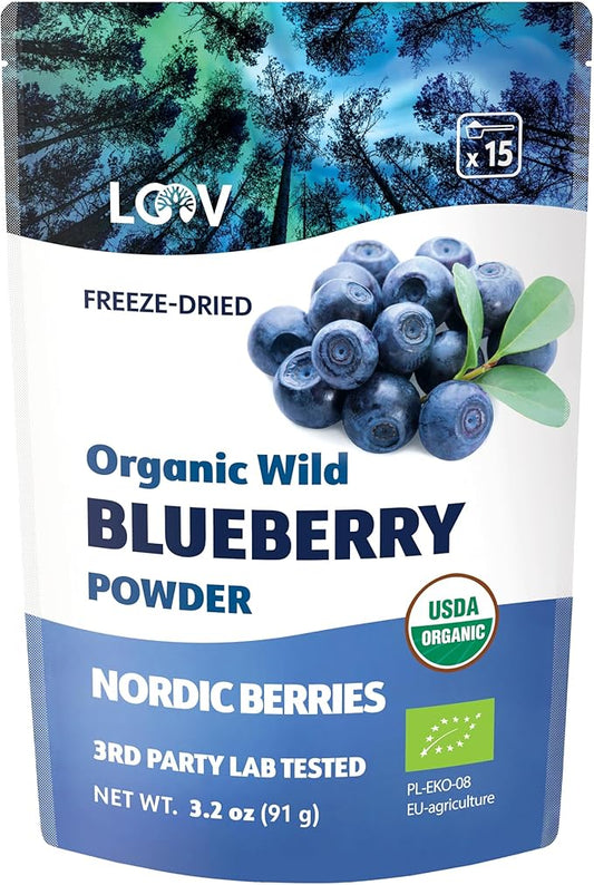 LOOV Organic Wild Blueberry Powder - 15-Day Supply, 3.2 Oz, Good for Smoothie & Breakfast, Freeze-Dried, from Northern Europe, No Added Sugar