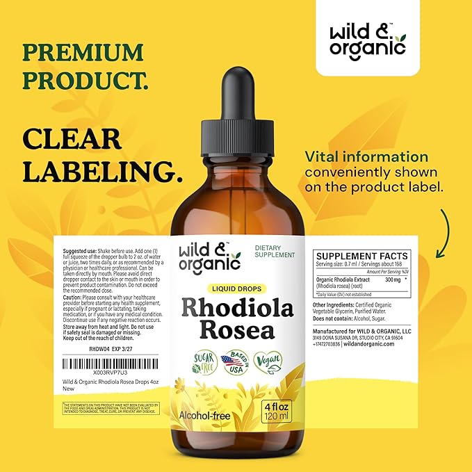 Wild & Organic Rhodiola Rosea Tincture - Rhodiola Rosea Supplement for Mood Support - Relaxing Root Extract Liquid Drops - Vegan, Sugar & Alcohol-Free - 4 fl oz